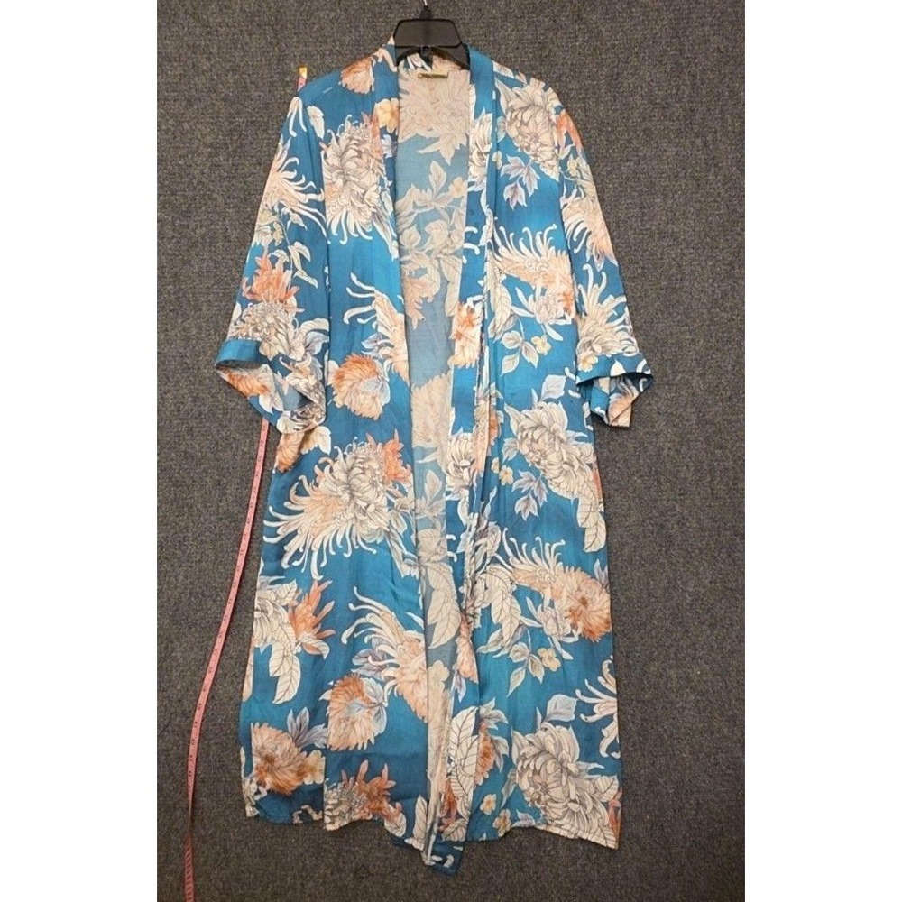 World Market Kimono Jacket Womens One Size Blue Floral Open Front Long Boho